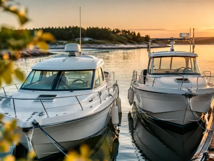 Deux bateaux blancs amarres au ponton, eau calme