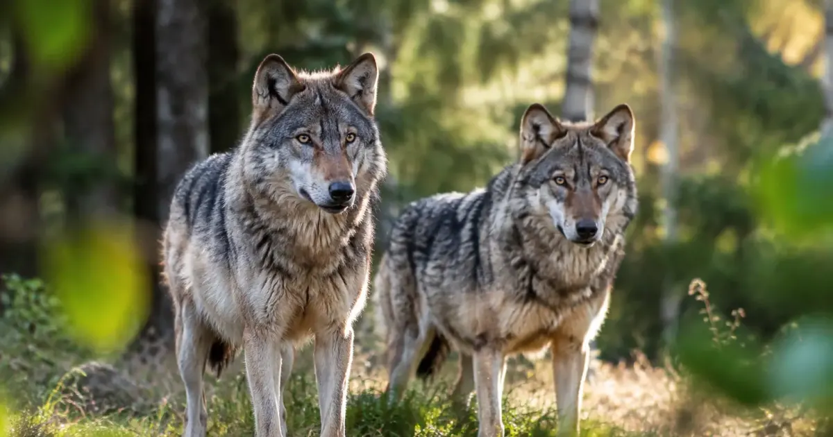 Deux loups gris debout dans une clairiere forestiere
