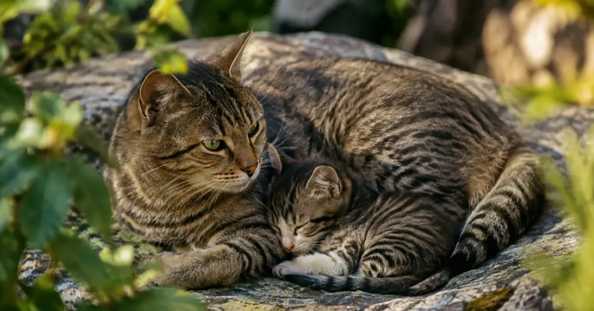 Felin couche sur un rocher, petit blotti contre elle