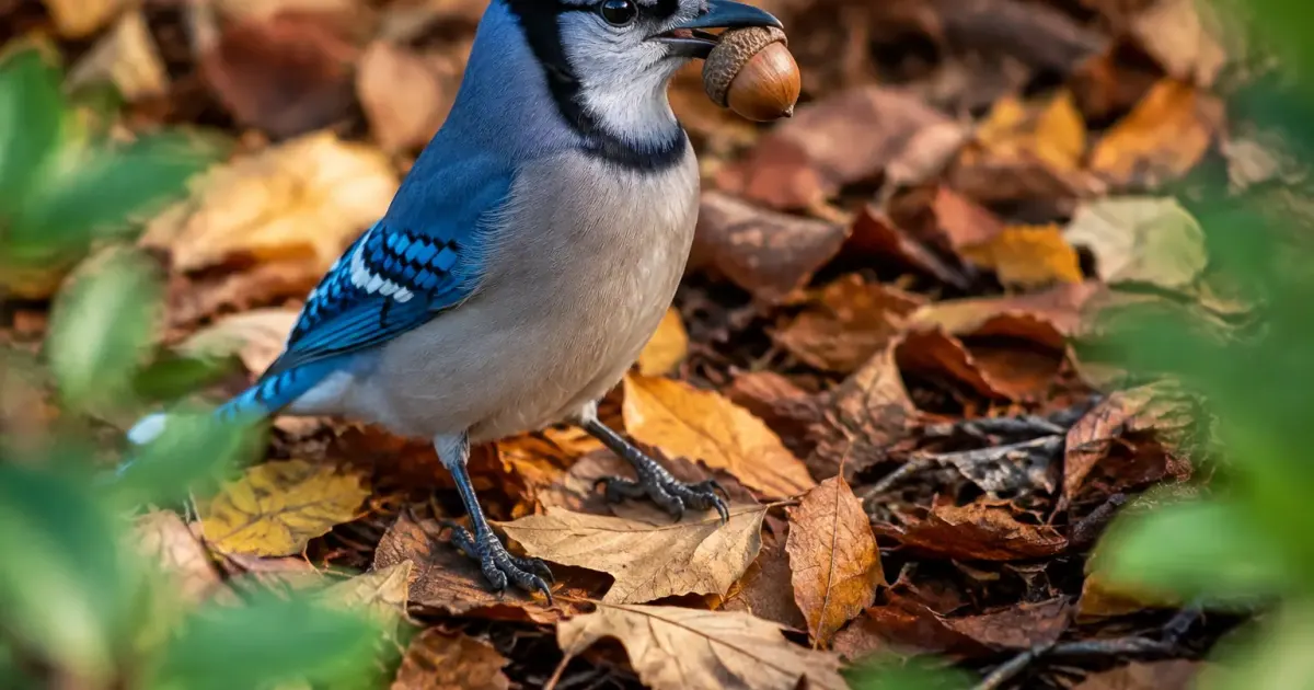 Geai pose sur feuilles mortes tenant un gland