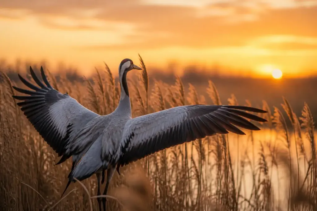 Grues cendrees ailes tendues sur les roseaux au crepuscule