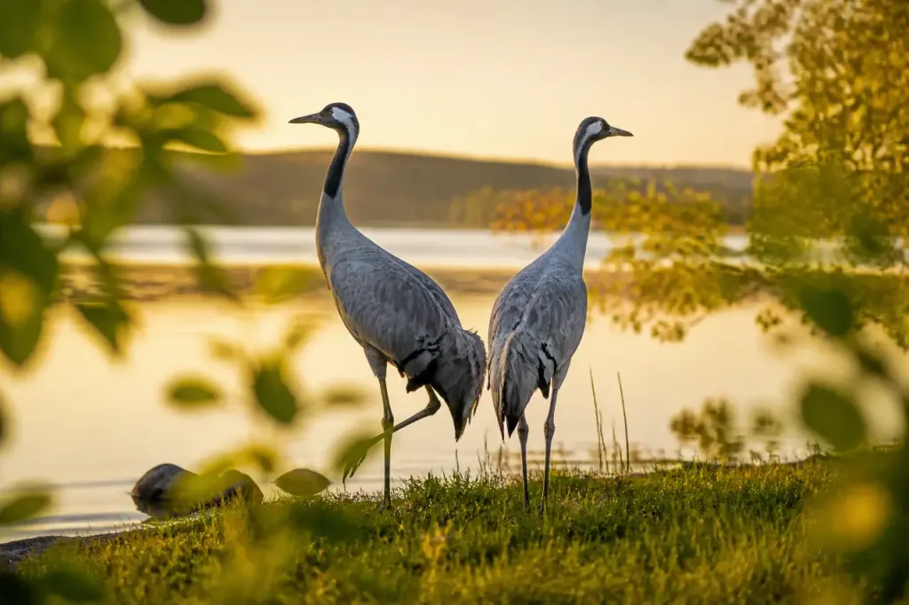 Grues cendrees aux longs cous au bord du lac