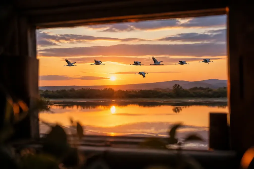 Grues cendrees survolant un etang au coucher du soleil