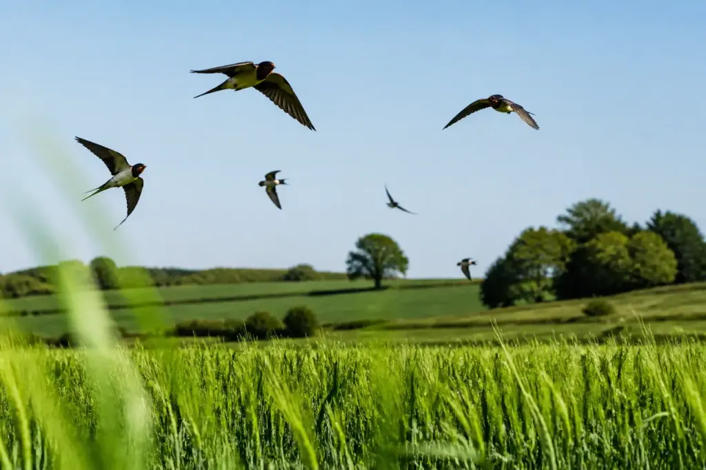 Hirondelles volant bas au-dessus des champs verts