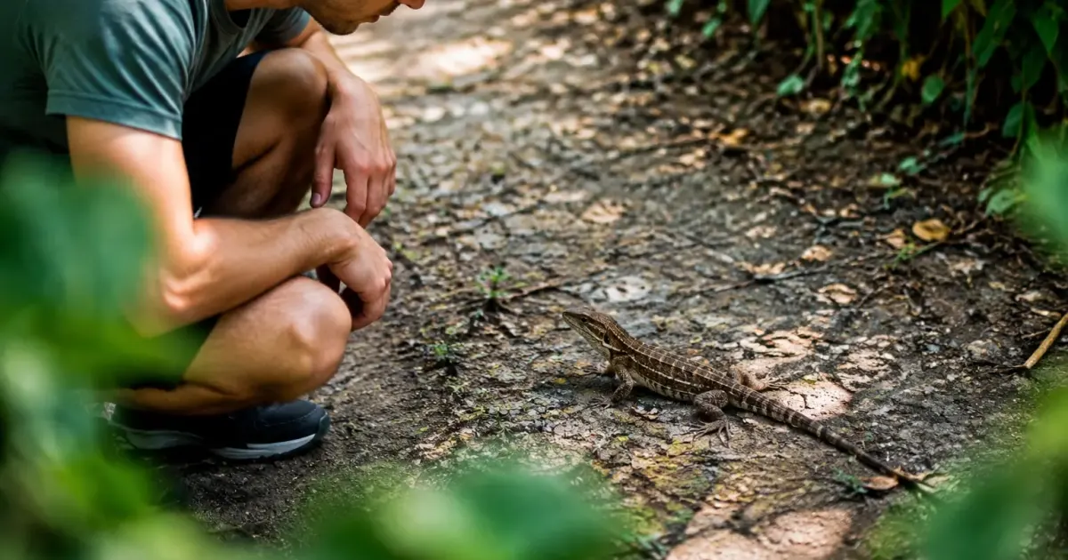 Un homme accroupi fixe un reptile brun au sol