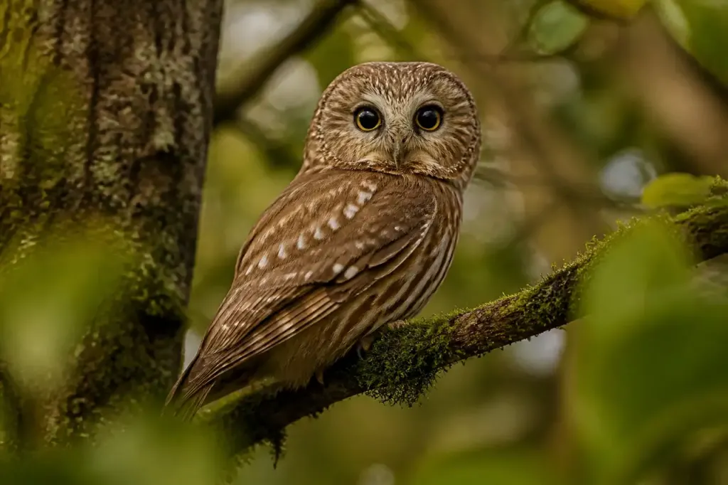 Hulotte brune aux grands yeux perchee sur une branche