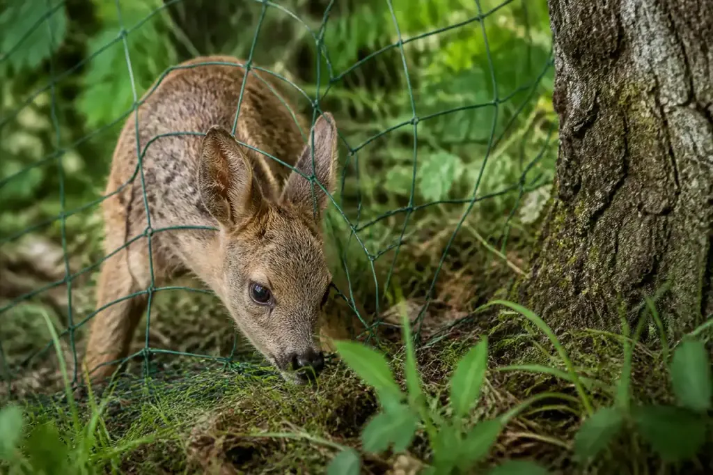 Jeune chevreuil coince dans un grillage vert