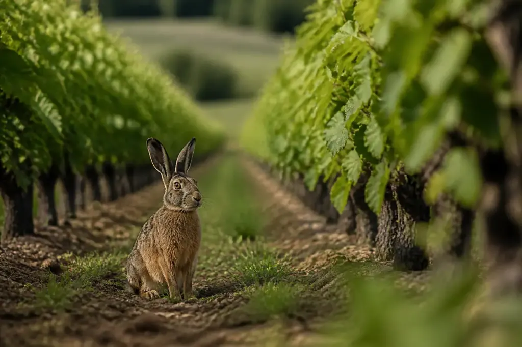 Lapin de garenne assis entre des rangs de vigne