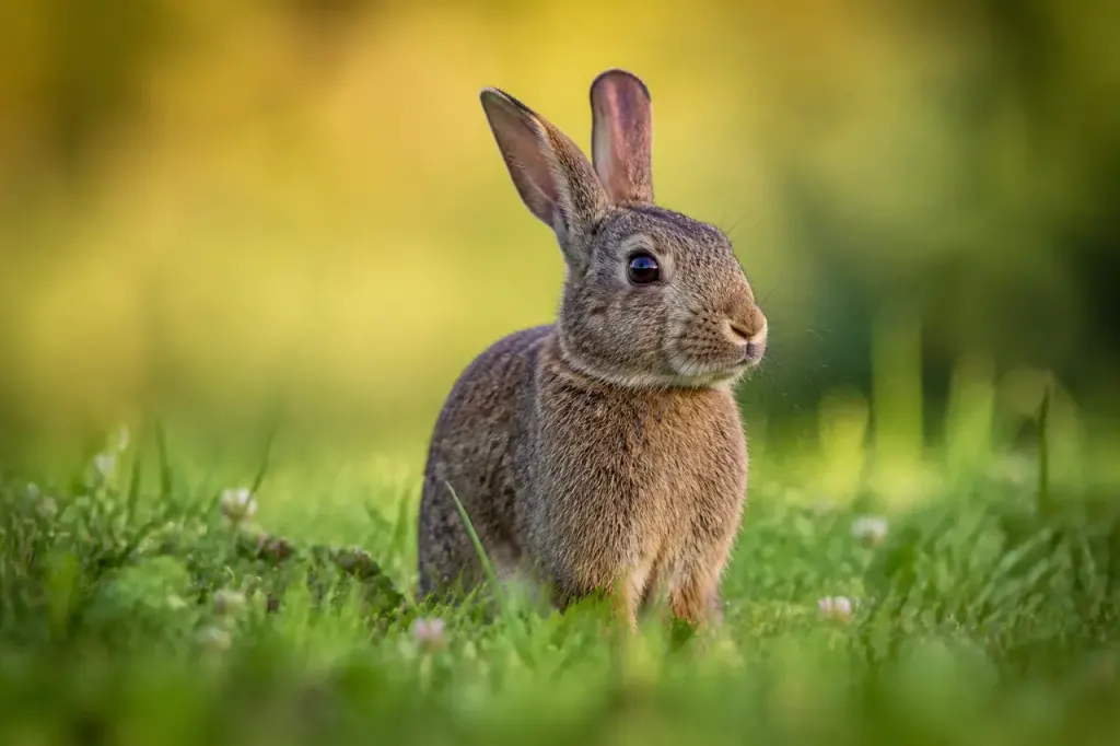 Lapin de garenne brun assis dans une prairie herbeuse