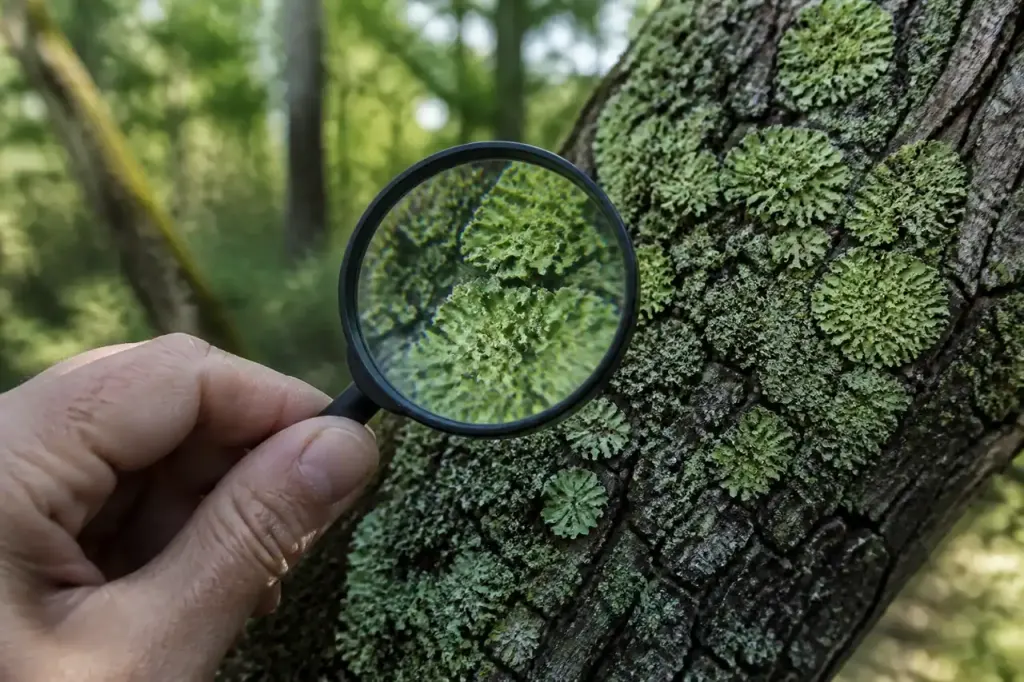 Loupe tenue sur tronc couvert de lichens verts