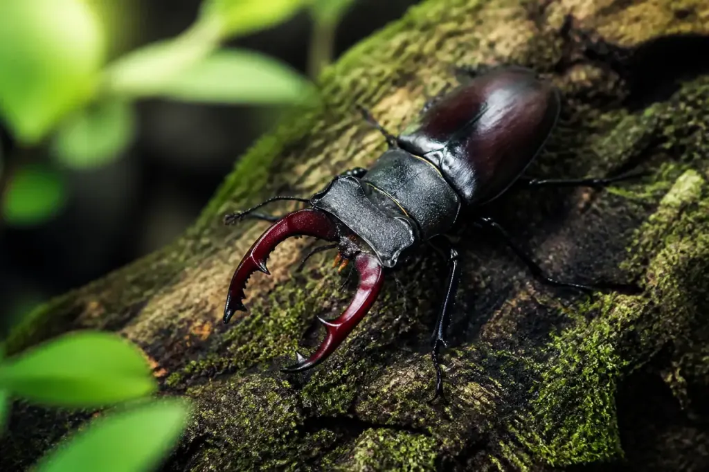 Lucane aux grandes mandibules sur un vieux tronc moussu