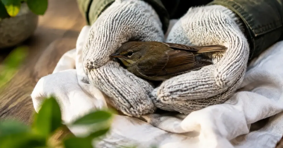Mains gantees couvrant un passereau pose sur un linge