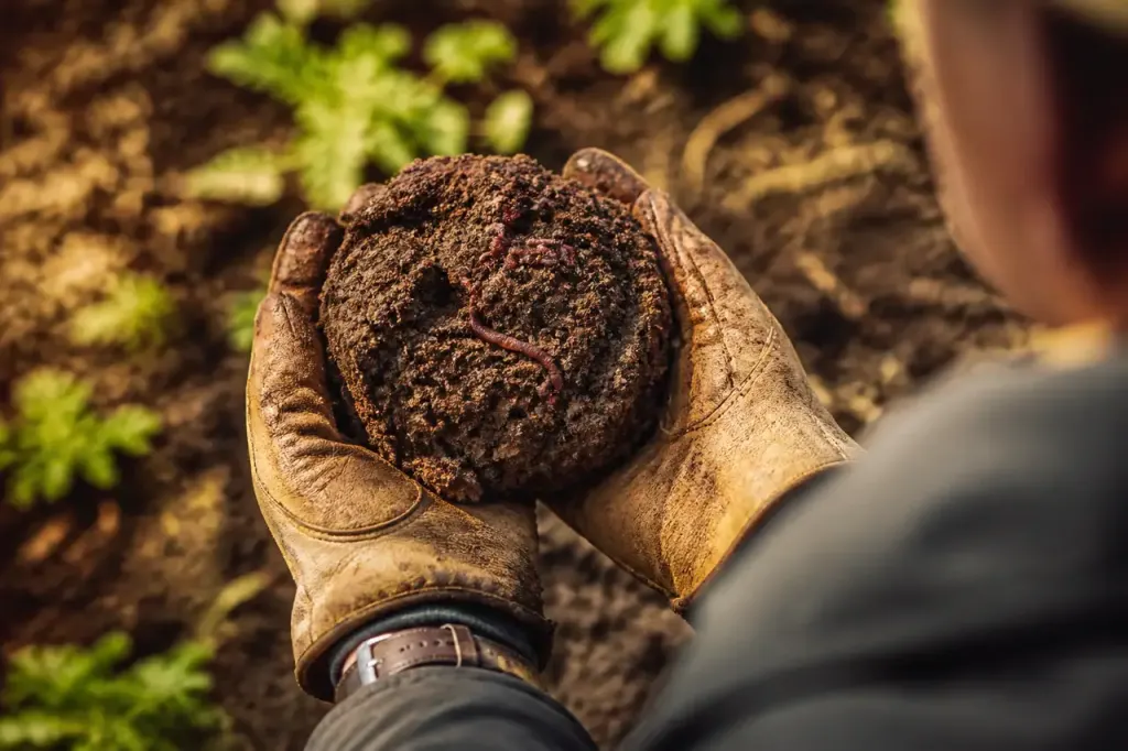 Mains gantees soulevant une motte brune avec vers rouges