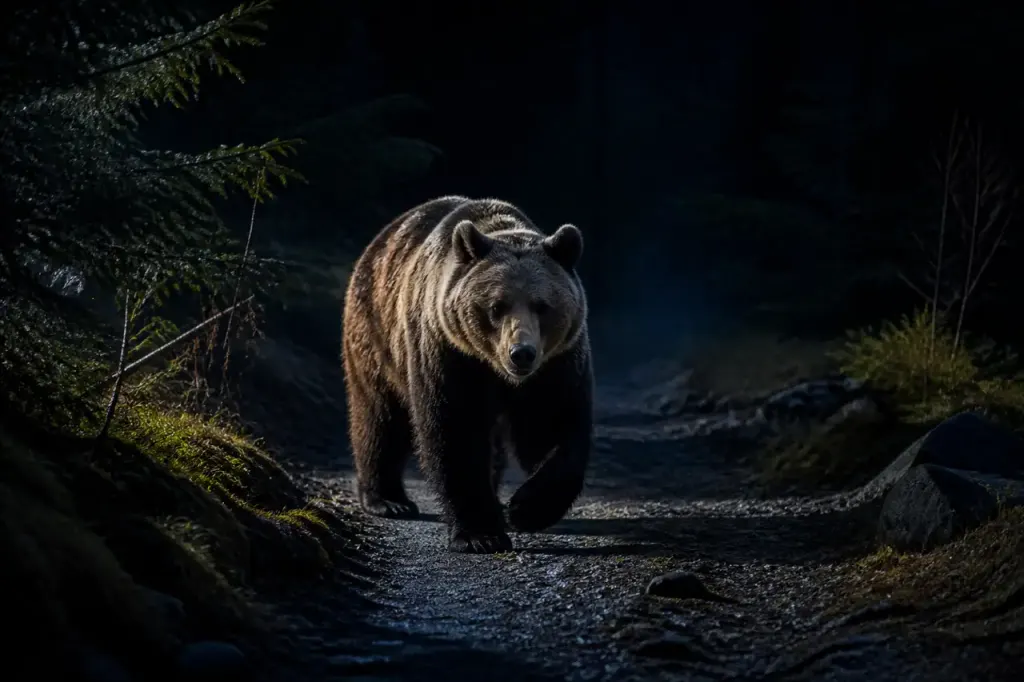 Ours brun marchant la nuit sur un chemin forestier