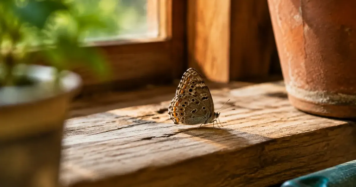 Papillon aux ailes fermees sur planche dans un cabanon