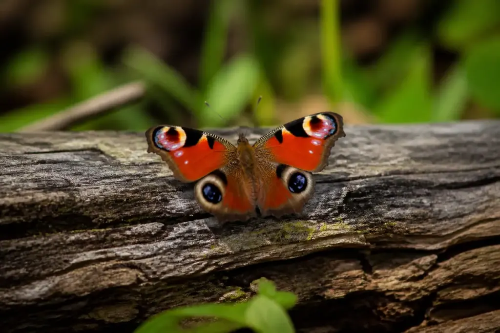 Papillon paon du jour immobile sur un tronc gris