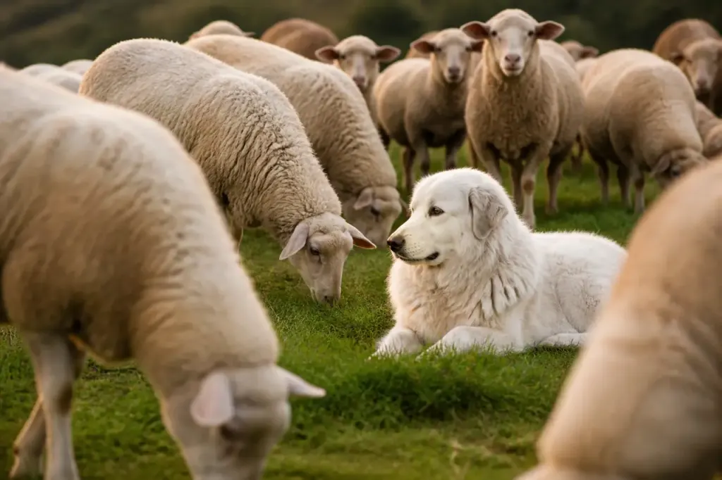Patou blanc couché parmi les brebis dans un pré
