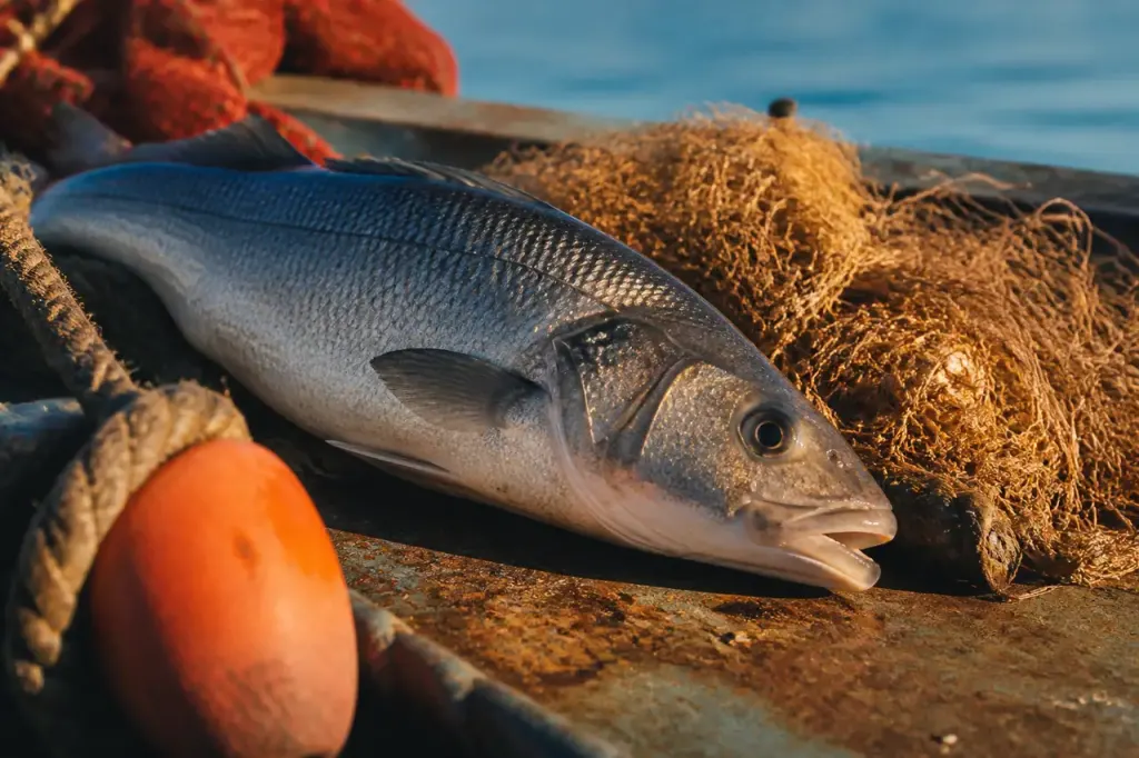 Pecheur en mer tenant un grand poisson gris