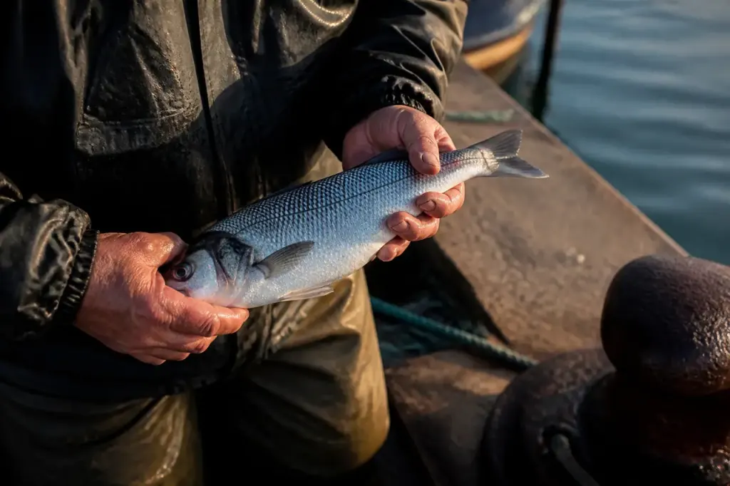 Pecheur tenant un poisson argente sur le quai