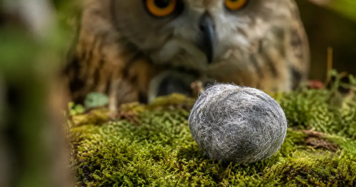 Pelote grise posee sur la mousse pres dun hibou