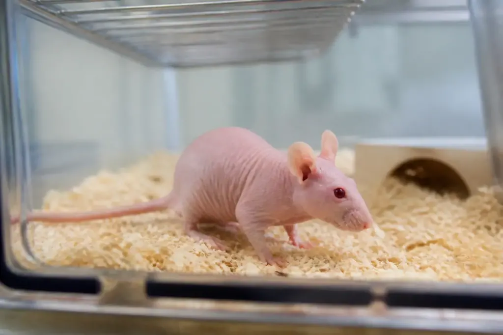 Petit rongeur sans poils dans une cage de laboratoire