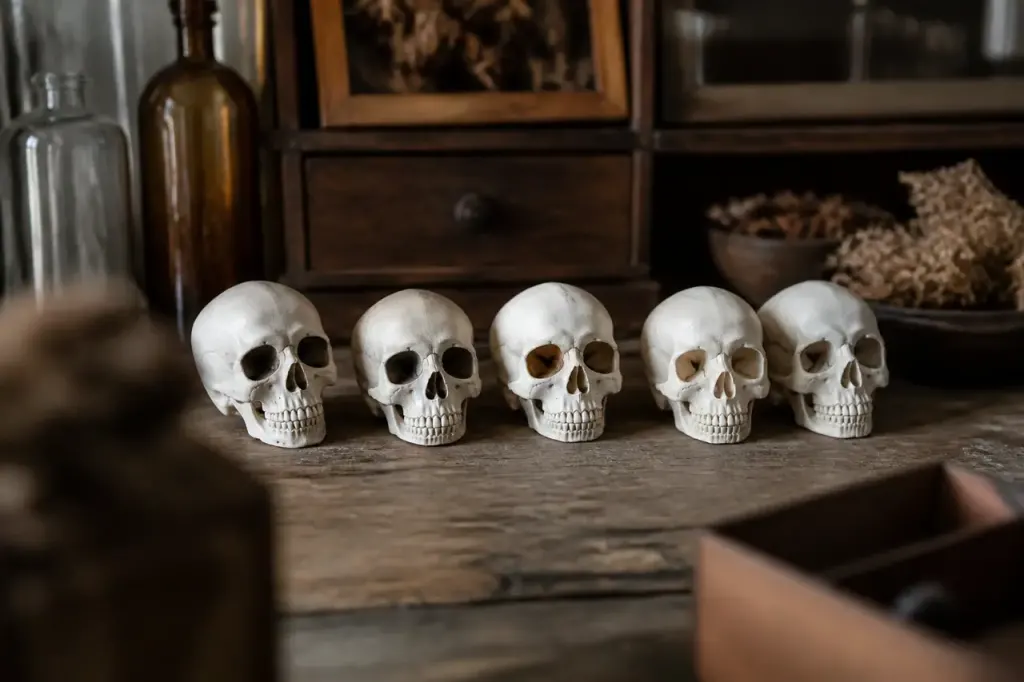 Petits crânes blancs alignés sur table en bois