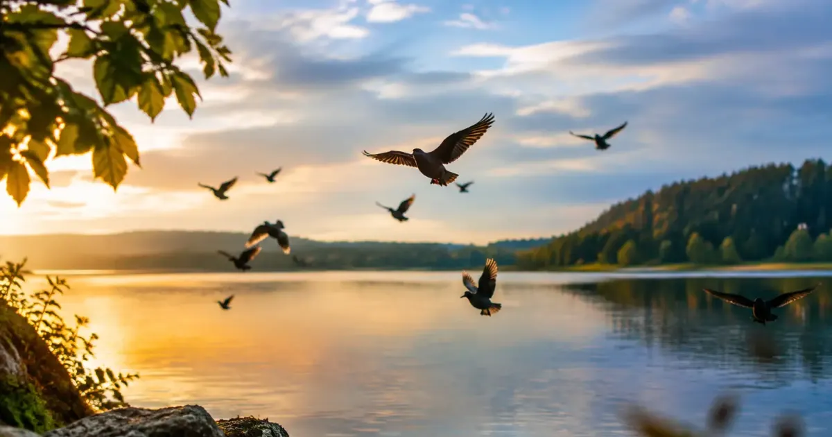 Petits oiseaux sombres ailes ouvertes au-dessus d'un lac