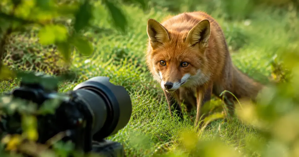 Photographe accroupi dans l'herbe filmant un renard roux