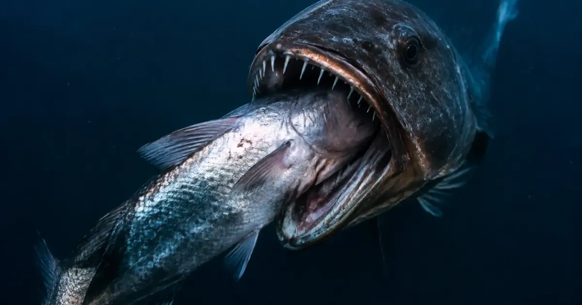 Poisson abyssal aux machoires ouvertes avalant une proie geante
