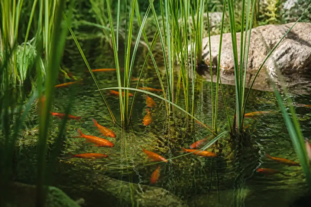 Poissons rouges orange nageant parmi les roseaux