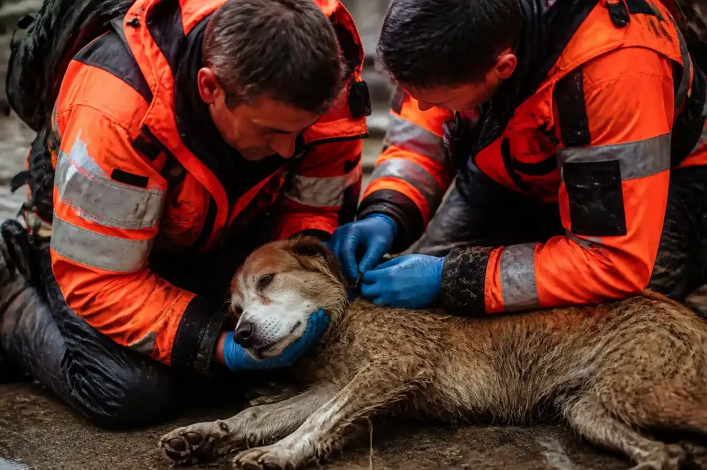 Pompiers en gilets orange agenouilles autour dun animal