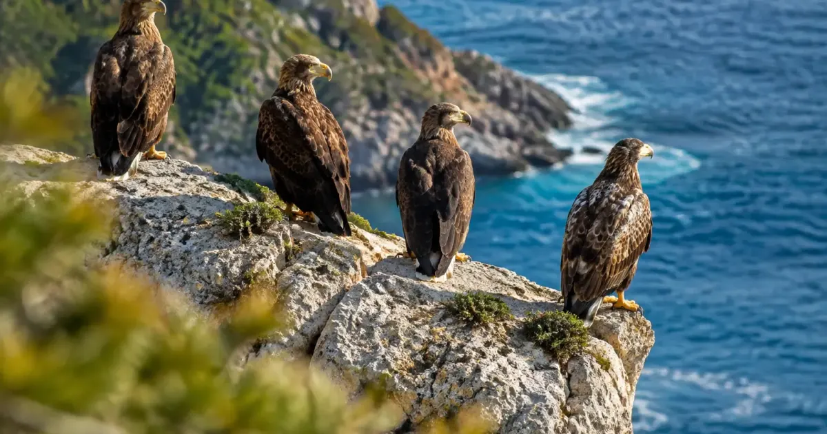 Quatre grands oiseaux perches sur une falaise calcaire