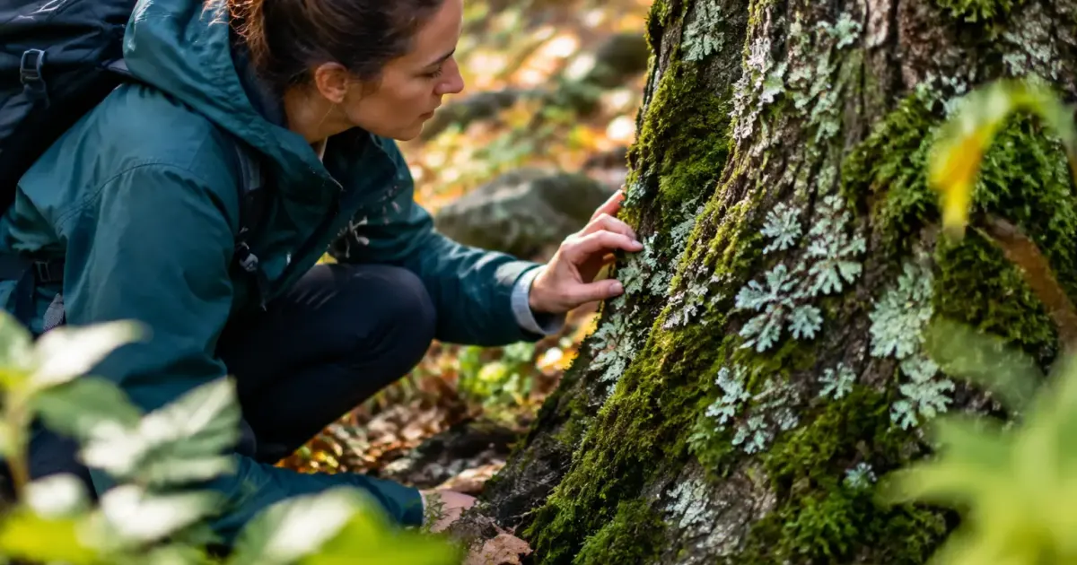 Randonneur accroupi observe lichens verts sur tronc