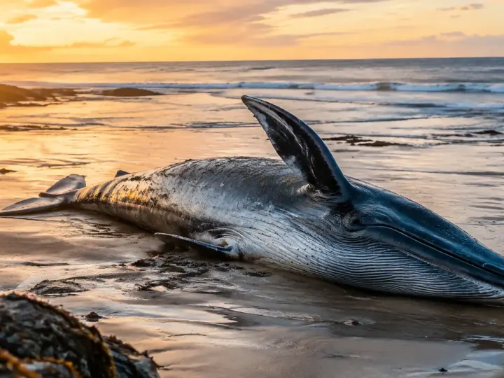 Un rorqual allonge sur sable humide, nageoire dressee