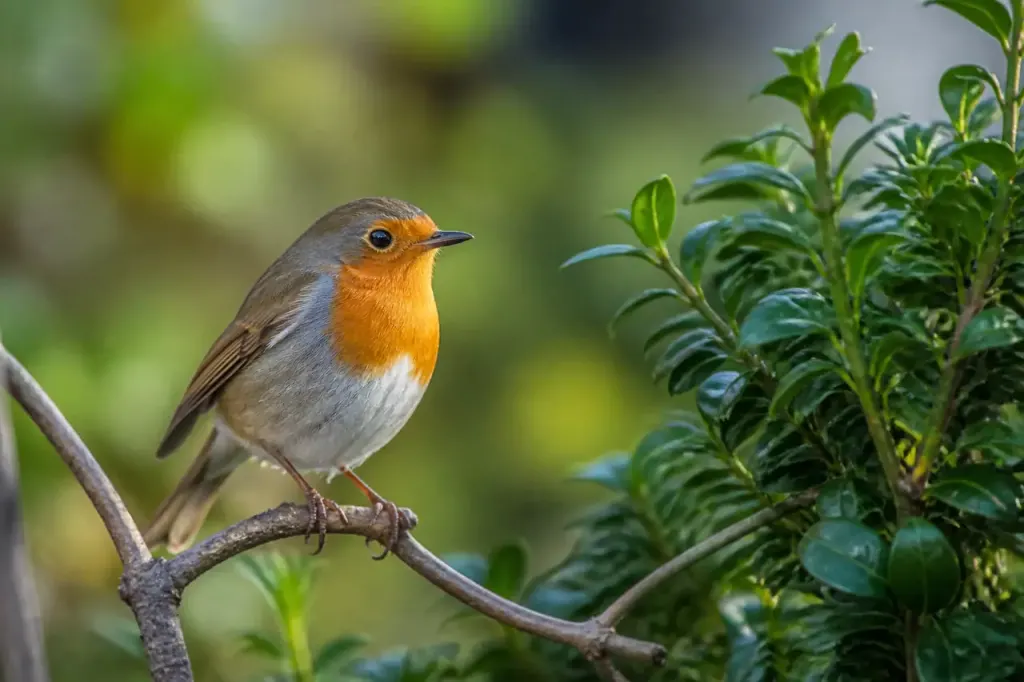 Rouge-gorge perche sur une branche pres d'un buisson vert
