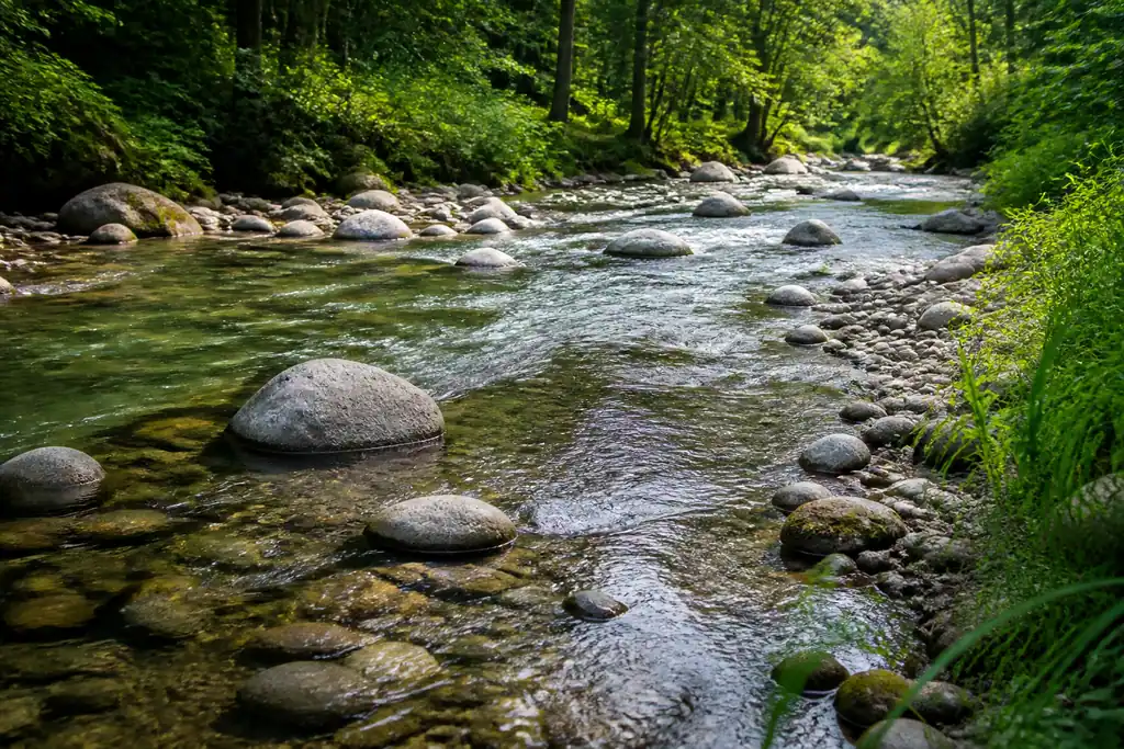 Ruisseau aux courbes naturelles avec galets et berges verdoyantes