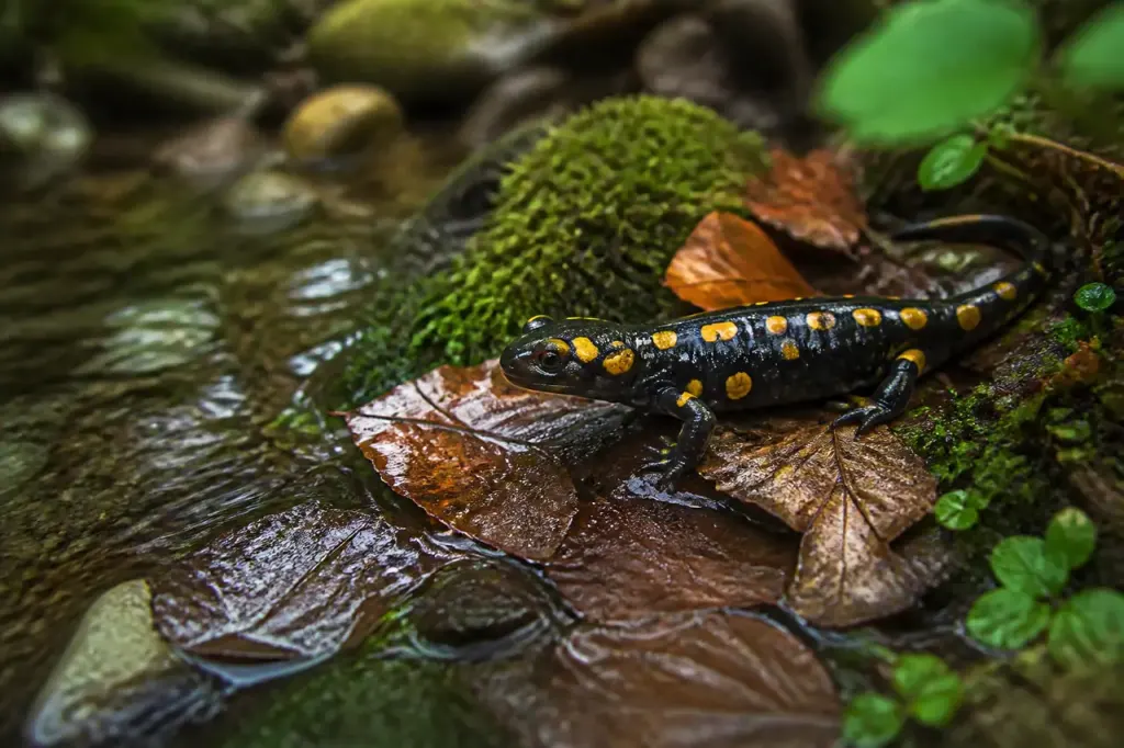 Salamandre tachetee sur feuilles mouillees pres d'un ruisseau