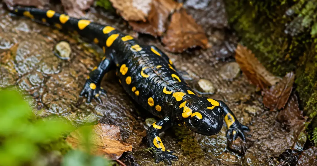 Salamandre tachetee sur sentier mouille, pattes ecartees au sol