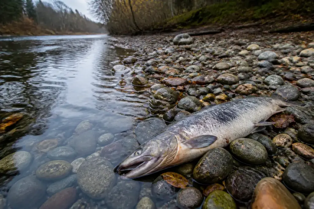 Saumons morts sur des galets dans une riviere forestiere