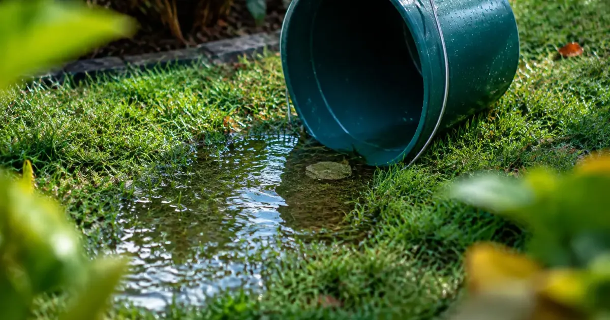 Seau renverse sur pelouse avec eau stagnante