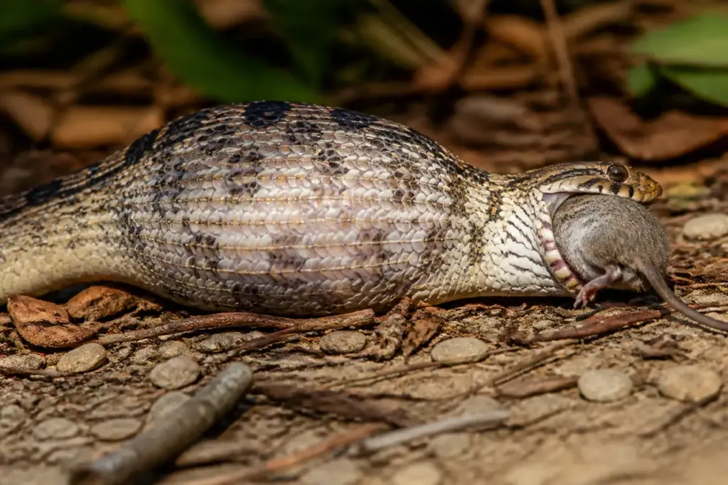 Serpent au ventre gonfle par une grosse souris