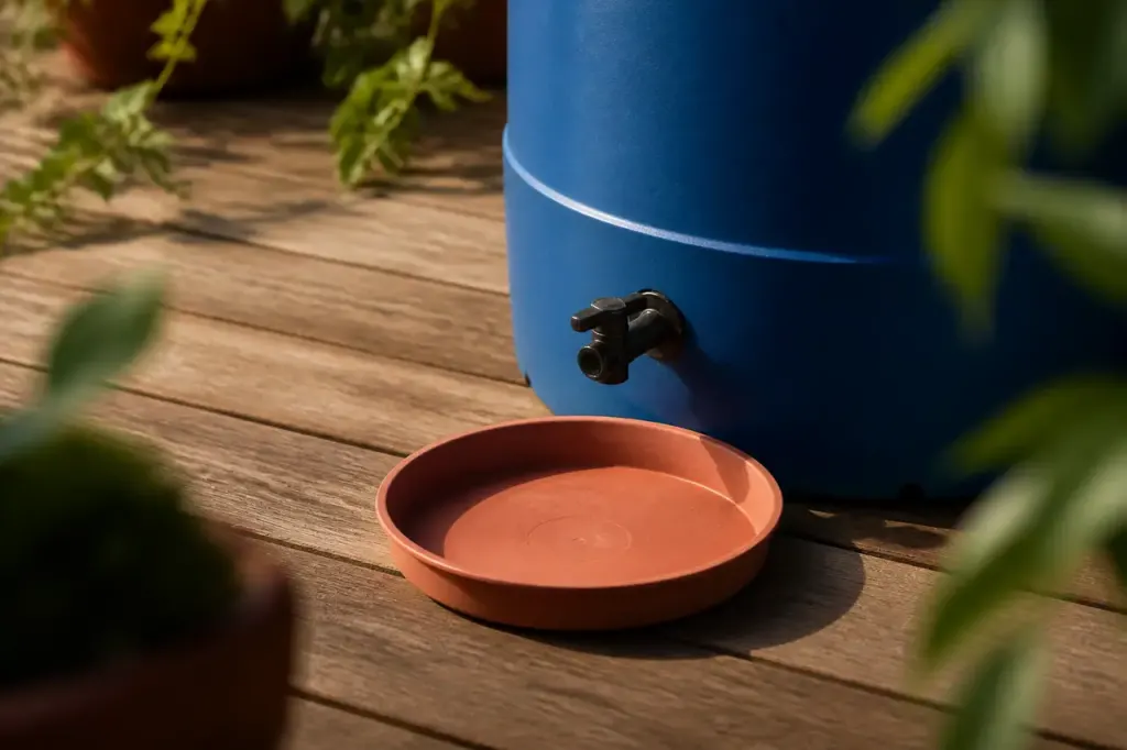 Soucoupe vide et recuperateur bleu sur terrasse en bois