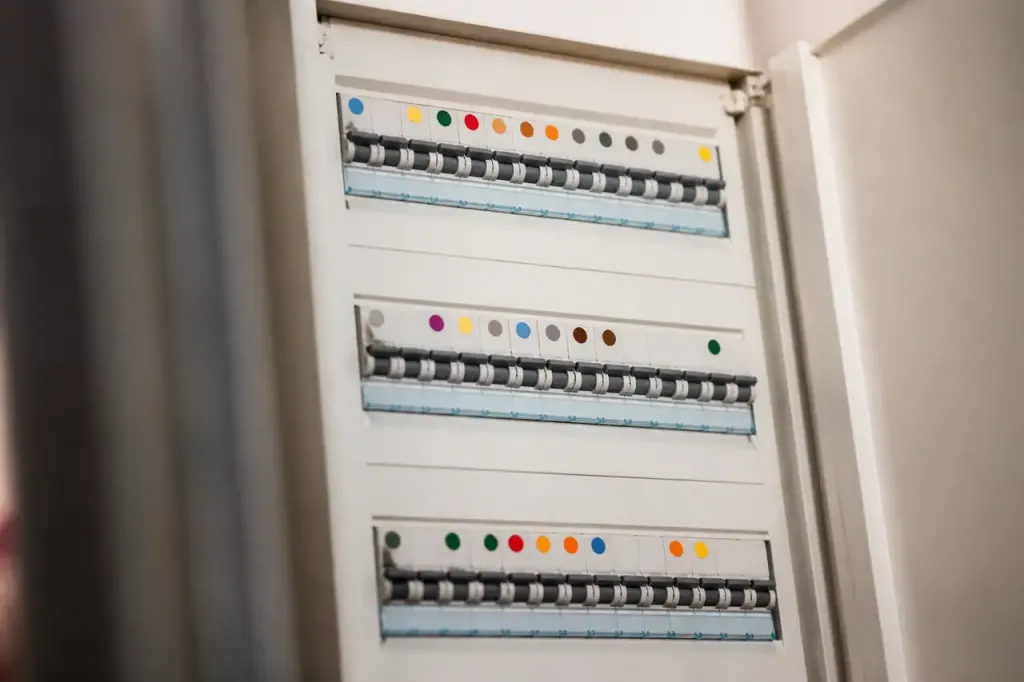 Tableau electrique avec petites etiquettes colorees sur interrupteurs