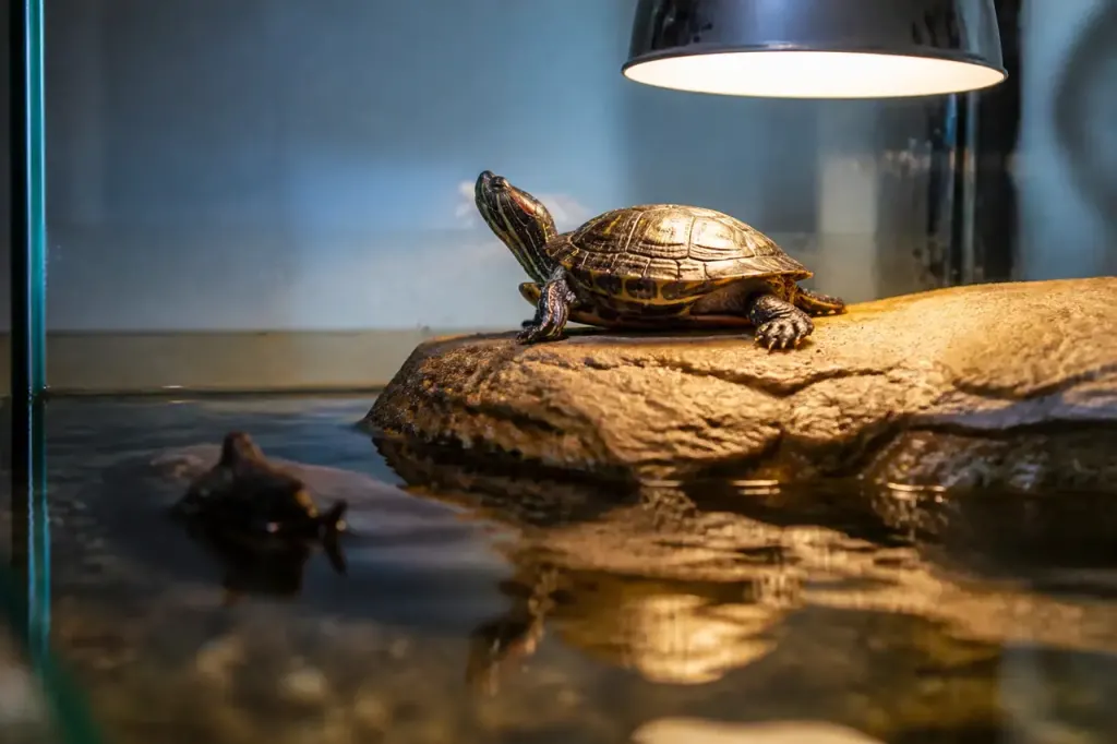 Tortue aquatique sur rocher sous lampe chauffante dans bac