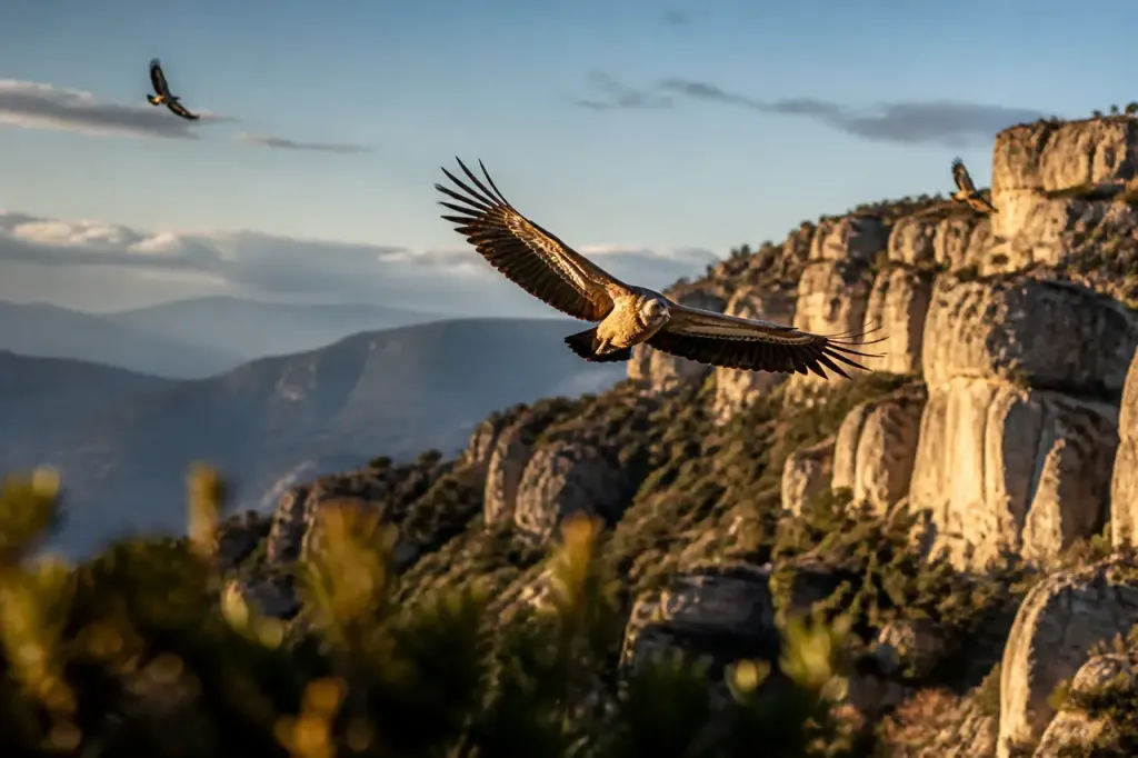 Vautours planant au dessus des falaises baignees de soleil
