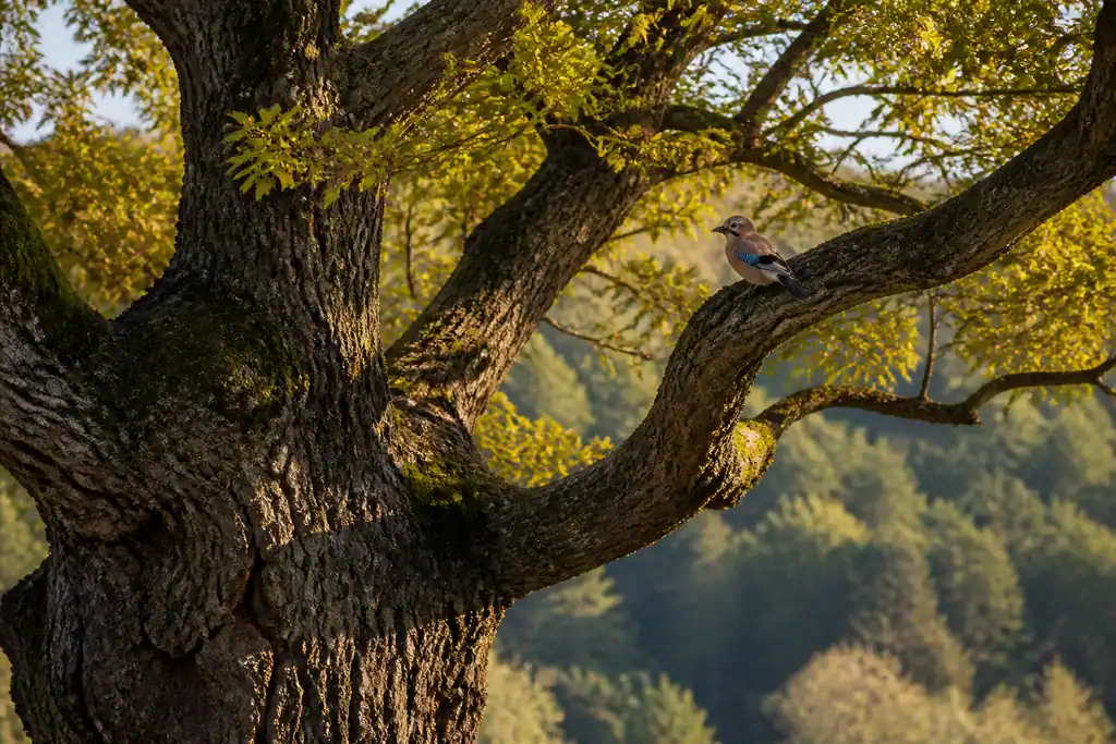 Vieux chene aux larges branches et geai perche dessus