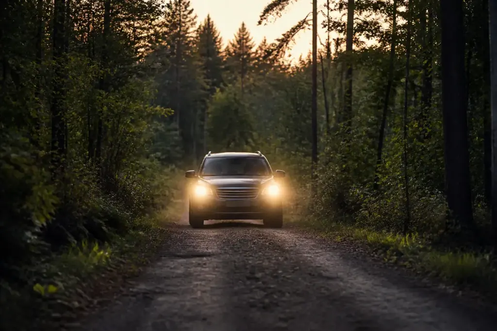 Voiture ralentissant sur route forestiere, phares allumes au crepuscule